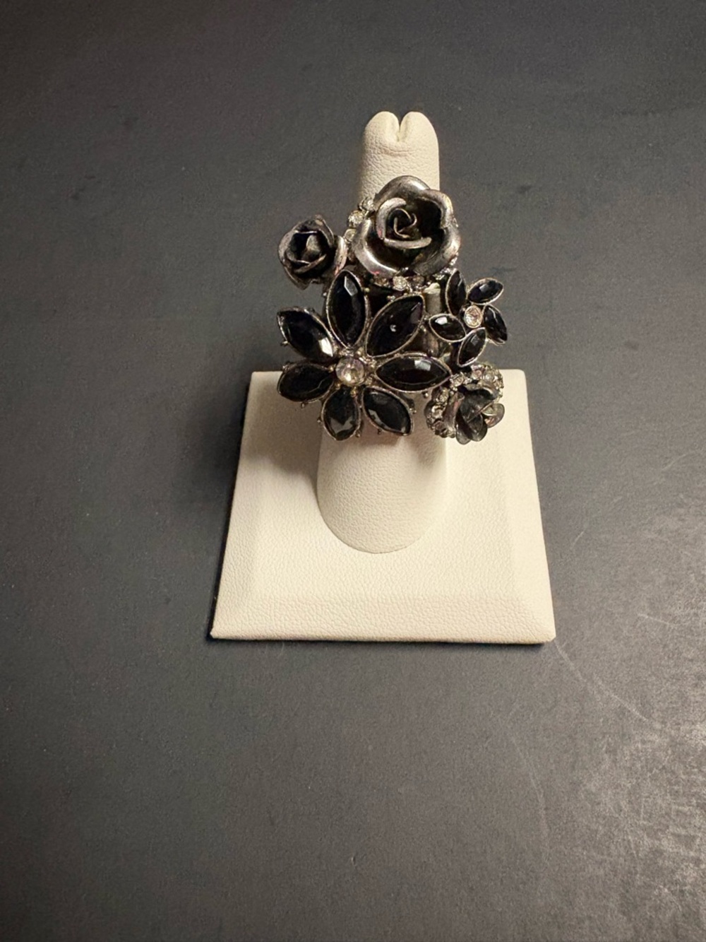 Floral Black and Silver Statement Stretch Ring - Women Jewelry